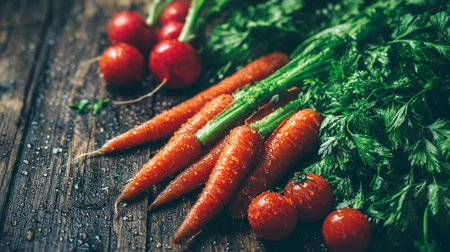 Freshly Washed Vegetables Displayed Harmoniously on Rustic Wooden Tableの素材