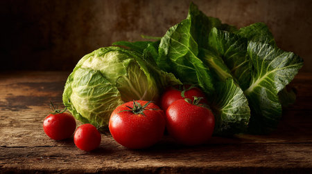 Fresh produce still life featuring ripe tomatoes and bright green cabbageの素材