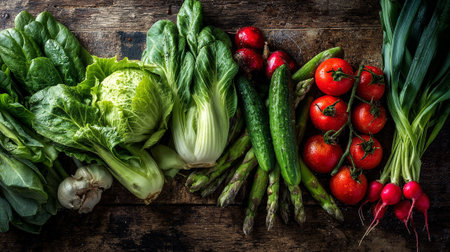 Freshly Harvested Organic Vegetables Arrayed on a Dark Rustic Wooden Surfaceの素材