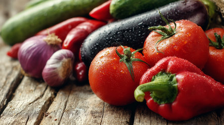 Freshly Harvested Vegetables on Rustic Wooden Surface with Water Dropletsの素材