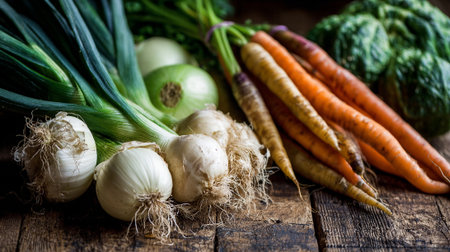 Freshly Harvested Vegetables: A Delightful Display of Nature's Bounty on Rustic Woodの素材