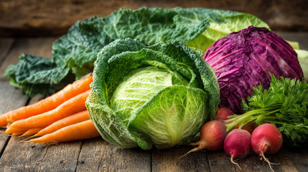 Rustic Still Life: A Bounty of Fresh Vegetables on Wooden Surfaceの素材
