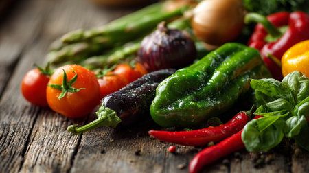 Freshly harvested vegetable selection on rustic wood surface ready to cookの素材