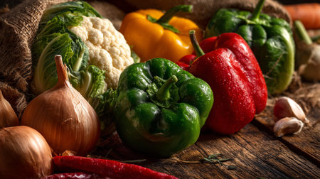 Fresh garden vegetables arranged on rustic wood surface with burlap accent.の素材