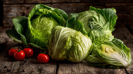 Fresh Cabbages and Tomatoes on Rustic Wooden Surface, Farm Fresh Produceの素材