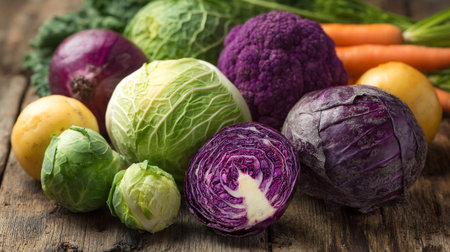 Fresh and Vibrant Assortment of Cruciferous Vegetables Displayed on Rustic Wooden Surfaceの素材