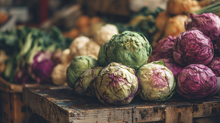 Fresh cabbages assortment at a vibrant farmer's market: farm to table.の素材