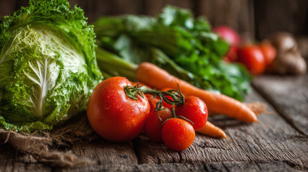 Freshly Harvested Vegetables Displayed on Rustic Wooden Surface for Healthy Livingの素材
