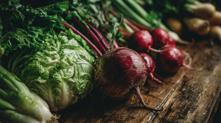 Freshly harvested farm vegetables create a rustic, vibrant display on aged woodの素材