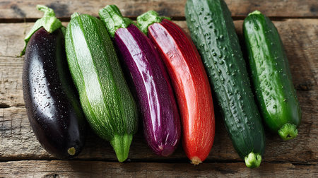 Freshly Harvested Vegetables: A Vibrant Display of Eggplant, Zucchini and Cucumberの素材