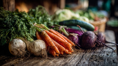 Freshly Harvested Vegetables Displayed on Rustic Wooden Surface in Natural Lightの素材
