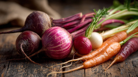 Vibrant display of colorful root vegetables on rustic wooden surface.の素材