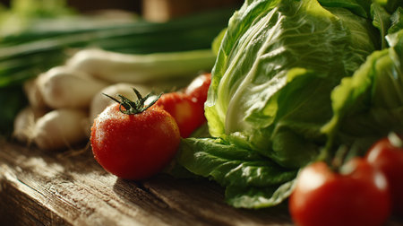 Fresh Produce Still Life with Tomatoes, Lettuce, and Green Onionsの素材