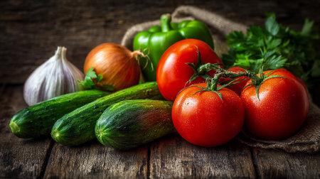 Fresh Harvest: Assorted Vegetables on Rustic Wood Surface, a Healthy Food Displayの素材