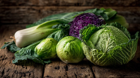Fresh and Colorful Cabbage Assortment Displayed on Rustic Wooden Tabletop.の素材