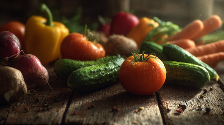 Fresh Vegetables Harvested on Rustic Wooden Surface for Farm-to-Table Mealの素材