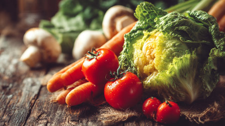 Fresh Vegetables Displayed On Rustic Wood Create a Healthy Eating Conceptの素材