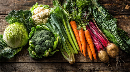 Fresh and Varied Vegetables Arranged on a Rustic Wooden Surfaceの素材