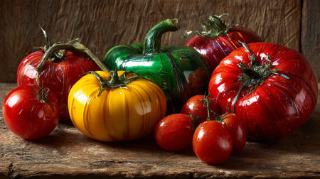 Glass Tomato Vegetable Display: A Vibrant, Colorful, and Artistic Arrangementの素材
