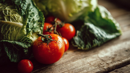 Fresh Garden Bounty: Savory Tomatoes and Crisp Greens on Rustic Woodの素材