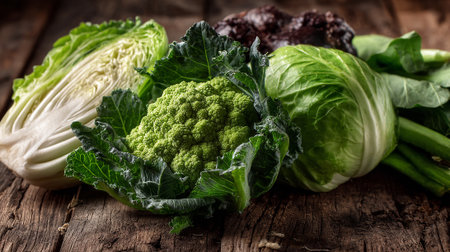 Freshly Harvested Green Vegetables Displayed Beautifully on a Weathered Wooden Tableの素材