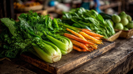 Freshly harvested vibrant vegetables displayed on rustic wooden surface awaiting purchase.の素材