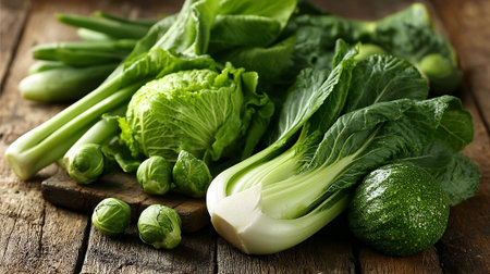 Fresh Green Vegetables on Rustic Wood Surface: A Healthy Food Still Lifeの素材