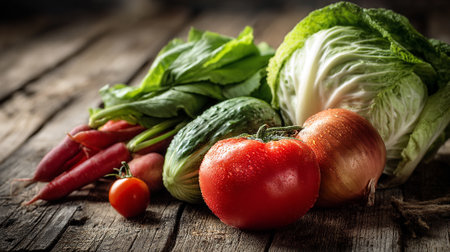Freshly Harvested Vegetables Displayed Beautifully on Rustic Wooden Surfaceの素材