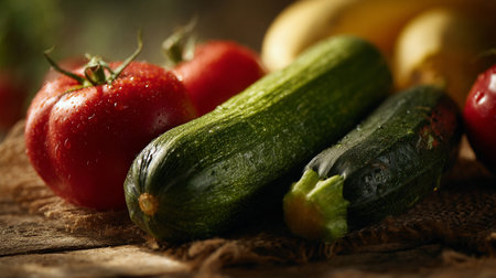 Freshly Harvested Vegetables: Zucchini and Tomatoes on Rustic Wooden Surfaceの素材
