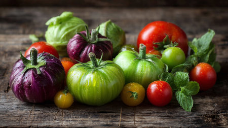 Farm Fresh Heirloom Tomatoes and Produce on Rustic Wooden Table Surfaceの素材