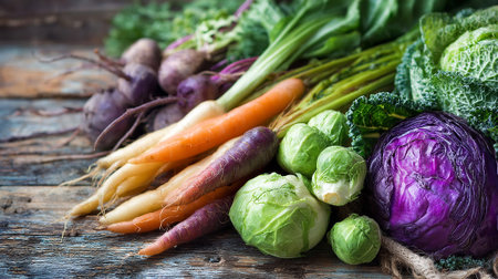 Fresh colorful vegetable variety on rustic wood surface, healthy food conceptの素材