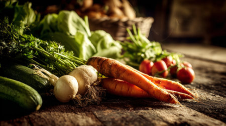 Fresh organic vegetables on a rustic wood surface, highlighting natural texturesの素材