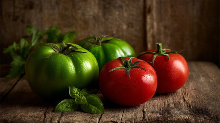 Fresh Tomatoes on Rustic Wood, A Colorful and Delicious Harvestの素材