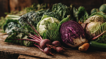 Fresh Harvest: An Assortment of Greens, Cabbage and Beets on Rustic Woodの素材