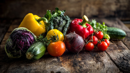 Fresh produce assortment: vibrant vegetables on a rustic wooden surface still life.の素材