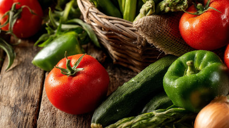 Freshly Harvested Vegetables Displayed on Rustic Wooden Surface, Ready for Cookingの素材