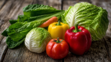 Fresh and Colorful Harvested Vegetables Arranged Artistically on a Rustic Wooden Surfaceの素材