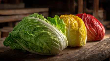 Three colorful cabbages are displayed in a row on a rustic surface.の素材