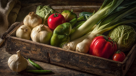 Rustic Wooden Tray Overflowing with Freshly Harvested Garden Vegetablesの素材