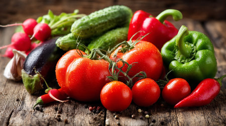 Freshly Picked Vegetables and Herbs Displayed on Rustic Wooden Surfaceの素材