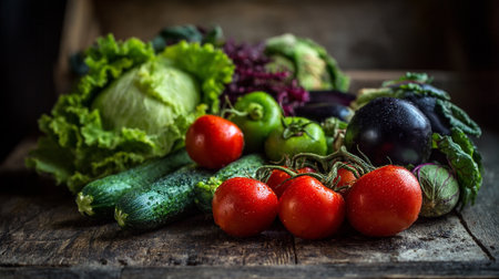 Fresh garden vegetables piled on rustic wood convey healthy eating and local produce.の素材