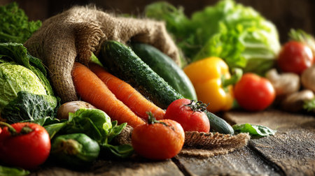 Freshly Harvested Vegetables Overflowing from Rustic Burlap Sack on Vintage Wooden Tableの素材
