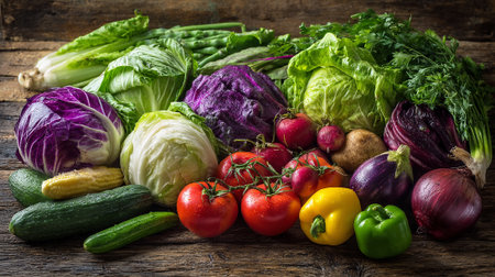 Abundance of fresh, colorful vegetables on rustic wooden surface create a healthy display.の素材