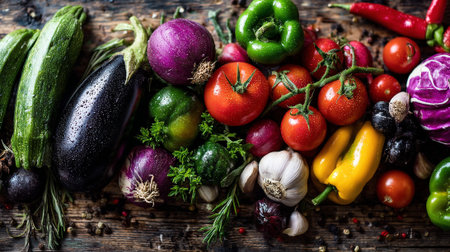 Fresh produce arrangement showcases the vibrant colors of nature's bountyの素材
