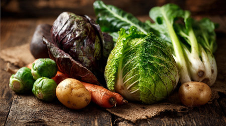 Freshly Harvested Vegetables: A Rustic Still Life Display of Nature's Bountyの素材