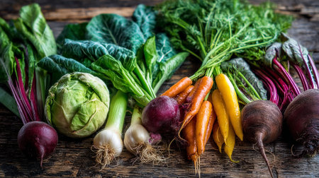 Fresh, Vibrant Vegetables: Carrots, Beets, Cabbage, Onions, Greens Displayed on Rustic Woodの素材