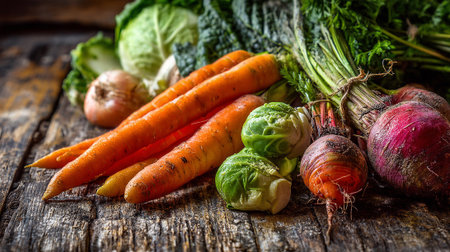 Fresh and Vibrant Farm Vegetables Displayed on Rustic Wooden Tabletop Surfaceの素材