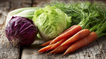 Fresh vegetables arrangement showcasing red cabbage, napa cabbage, carrots and dillの素材