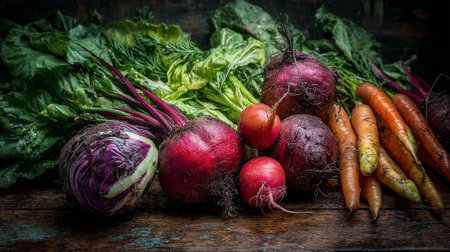 Freshly Harvested Root Vegetables Displaying Earthy Tones and Natural Textures On Rustic Woodの素材