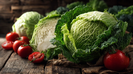 Fresh Savoy Cabbage and Red Tomatoes Displayed on Rustic Wooden Tableの素材